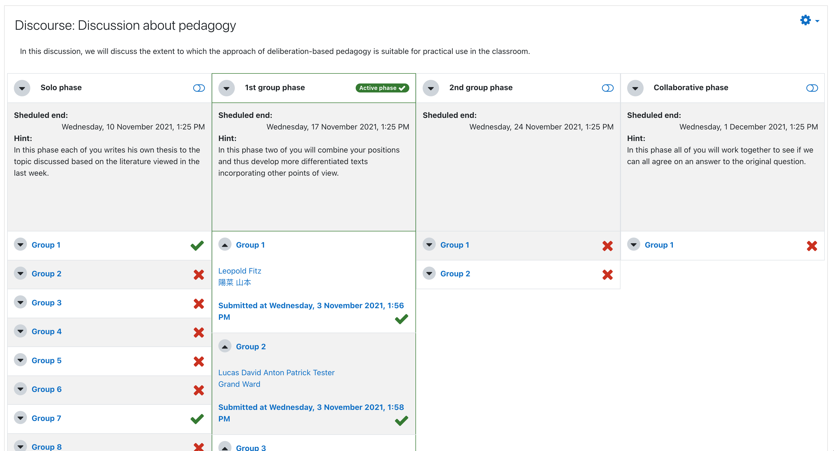 Ansicht der Übersichtsseite des Moodle Plugins mod_discourse